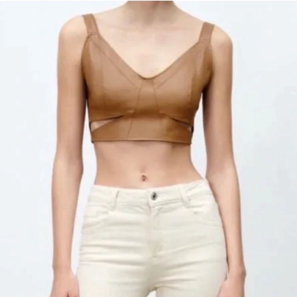 Zara Europe Faux Leather Cropped Cut Out Tank Top